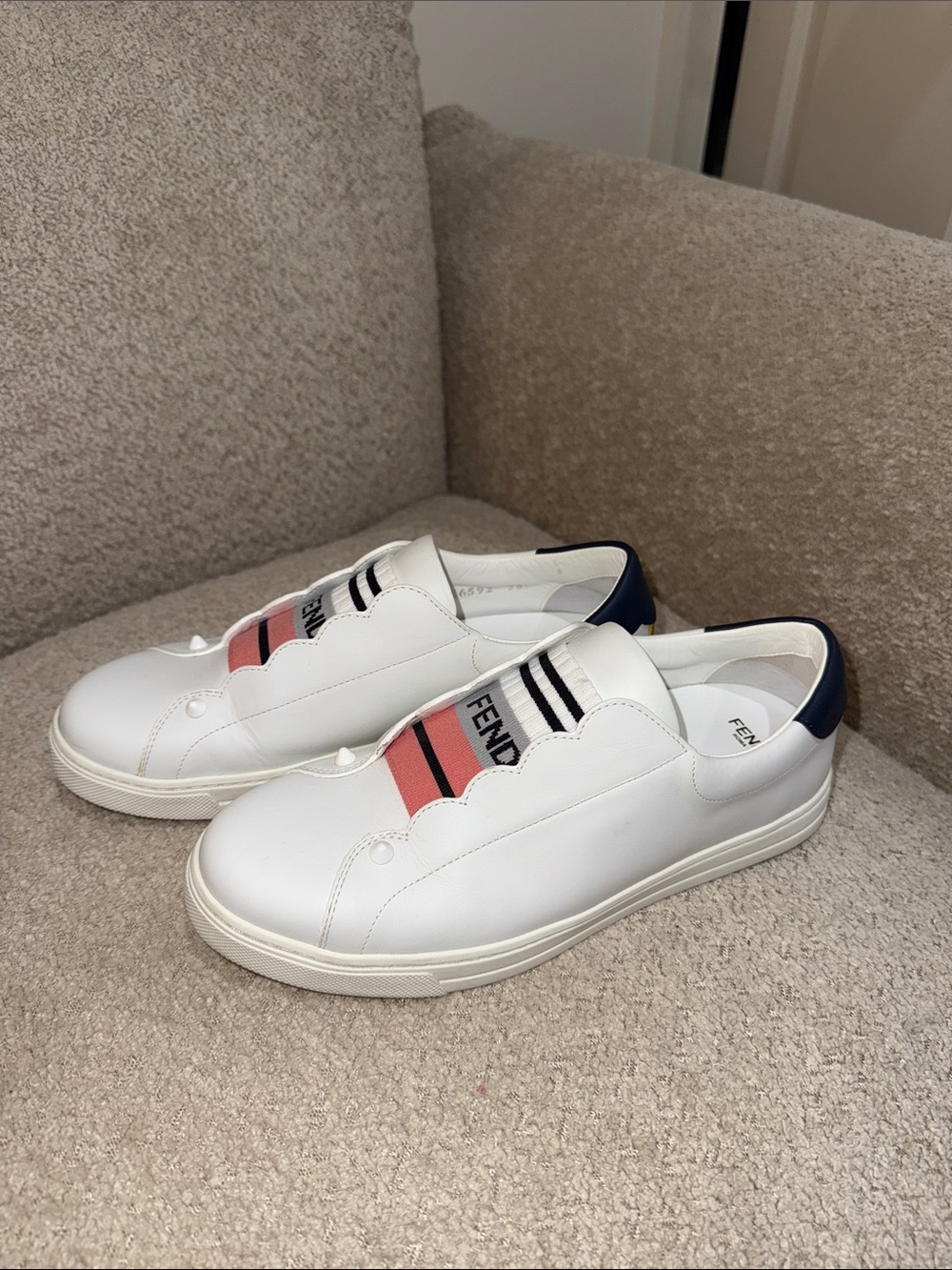 Fendi White Leather Slip-On Sneakers with Pink and Black Stripe - Picture 5 of 7